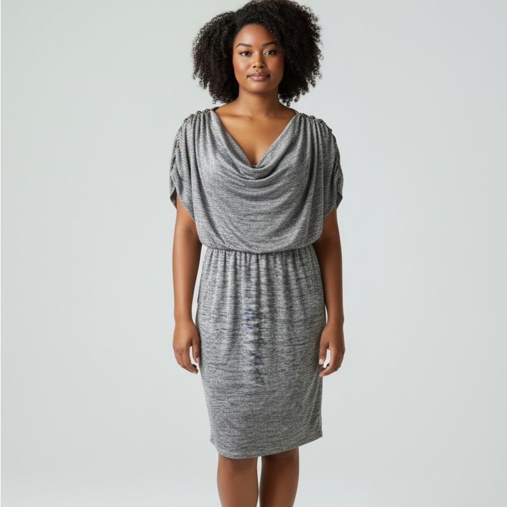 BAR III Gray Marled Cowl Drape Knit Blouson Dress SMALL Pockets Grecian Soft
